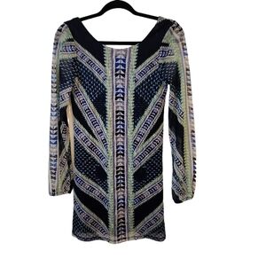 Fire Los Angeles Blue and Green Geometric Patterned Long Sleeve Dress Size S